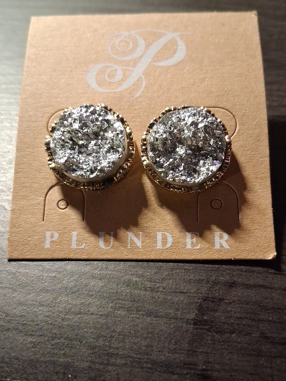 Plunder Gold-Trim Silver Druzy Round Stud Earrings